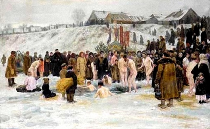 Купание после освящения воды. 1903 год. Автор: Н.Грандковский Купание после освящения воды. 1903 год. Автор: Н.Грандковский