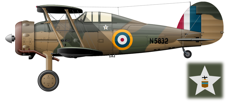 Gladiator Mk.II (серийный номер N5832) из состава 80-й эскадрильи RAF, на котором с декабря 1940 по февраль 1941 гг. летал в Греции флайт-лейтенант Пэттл. Самолёт несёт стандартный противотеневой «бипланный» камуфляж. Бортовые коды отсутствуют, но имеется персональная эмблема лётчика – белая звезда, в центре которой расположен герб благородной, но нетитулованной семьи Пэттл - Цвета военного неба: забытый герой Британской империи | Военно-исторический портал Warspot.ru