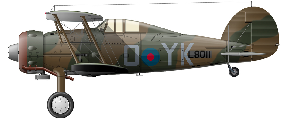 Gladiator Mk.I (серийный номер L8011) из состава 80-й эскадрильи RAF, на котором с конца 1939 по май 1940 гг. в Египте летал флайт-лейтенант Пэттл. Самолёт показан по состоянию на зиму 1939–1940 гг. вскоре после нанесения зелёно-коричневого камуфляжа. Весной 1940 года окраска истребителя была обновлена, а фюзеляжную кокарду заменили на трёхцветную чуть большего диаметра - Цвета военного неба: забытый герой Британской империи | Военно-исторический портал Warspot.ru