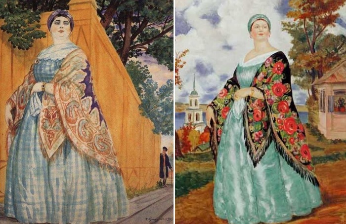 Б. Кустодиев. Слева – *Купчиха на прогулке*, 1920. Справа – *Купчиха*, 1923 Б. Кустодиев. Слева – *Купчиха на прогулке*, 1920. Справа – *Купчиха*, 1923