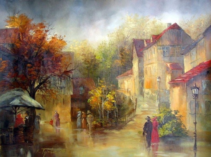 Старые улочки шумного города. Польский художник Ryszard Tyszkiewicz