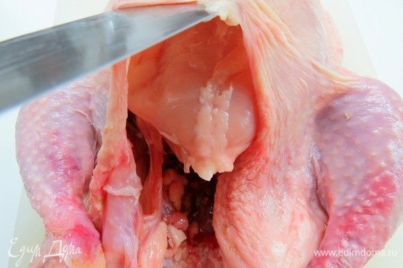 Приступим к разделке курицы. Курицу помыть и обсушить бумажным полотенцем. Аккуратно отделить кожу от мякоти со стороны грудки с помощью ножа. Приступим к разделке курицы. Курицу помыть и обсушить бумажным полотенцем. Аккуратно отделить кожу от мякоти со стороны грудки с помощью ножа.