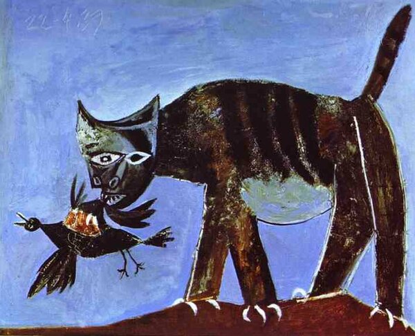 Кошка, поймавшая птицу. 1939. Музей Пикассо в Париже. Чтобы кошачья шерсть выглядела грязной (не милой и пушистой), художник добавил в краску песок.