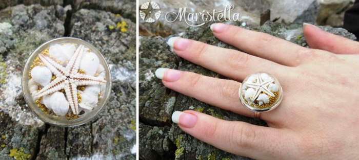 Серебряное кольцо от Maristella: настоящая морская звезда, золотой микробисер и настоящие миниатюрные ракушки и кораллы. Серебряное кольцо от Maristella: настоящая морская звезда, золотой микробисер и настоящие миниатюрные ракушки и кораллы.