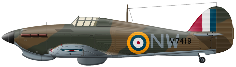 Hurricane Mk.I (серийный номер V7419) из состава 33-й эскадрильи RAF, Греция, конец марта – начало апреля 1941 года. Есть целая серия фотографий, на которых сквадрон-лидер Пэттл вместе с другими лётчиками своей эскадрильи позирует перед этим самолётом - Цвета военного неба: забытый герой Британской империи | Военно-исторический портал Warspot.ru