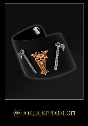 ТАНАТ ~ ЯЗЫЧНИК ~ ГОТИЧЕСКИЙ КОЖАНЫЙ БРАСЛЕТ СО ЩИТОМ НЕКРОМАНТА И ТОПОРАМИ