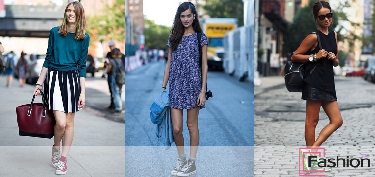 Платье с кроссовками и кедами: фото и доступные уроки моды для стильных дам