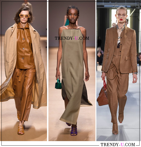 Тренч, брючные костюмы и платье цвета беж в коллекциях Salvatore Ferragamo (слева и посередине) и Burberry весна-лето 2019