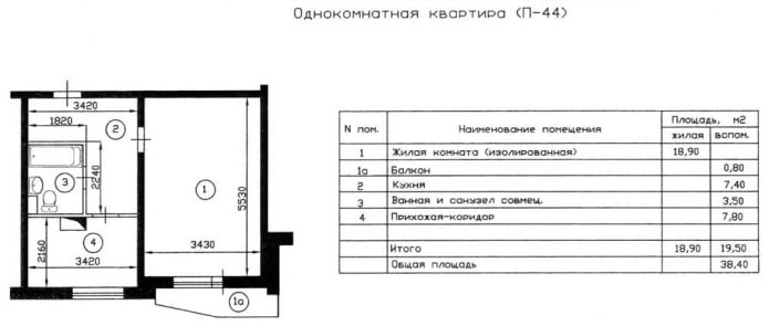 Планировка 1-к серия П-44