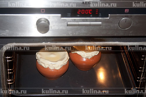 Поставить горшки в разогретую до 180-200 градусов духовку и запекать до тех пор, пока тесто не приобретет золотистую корочку.