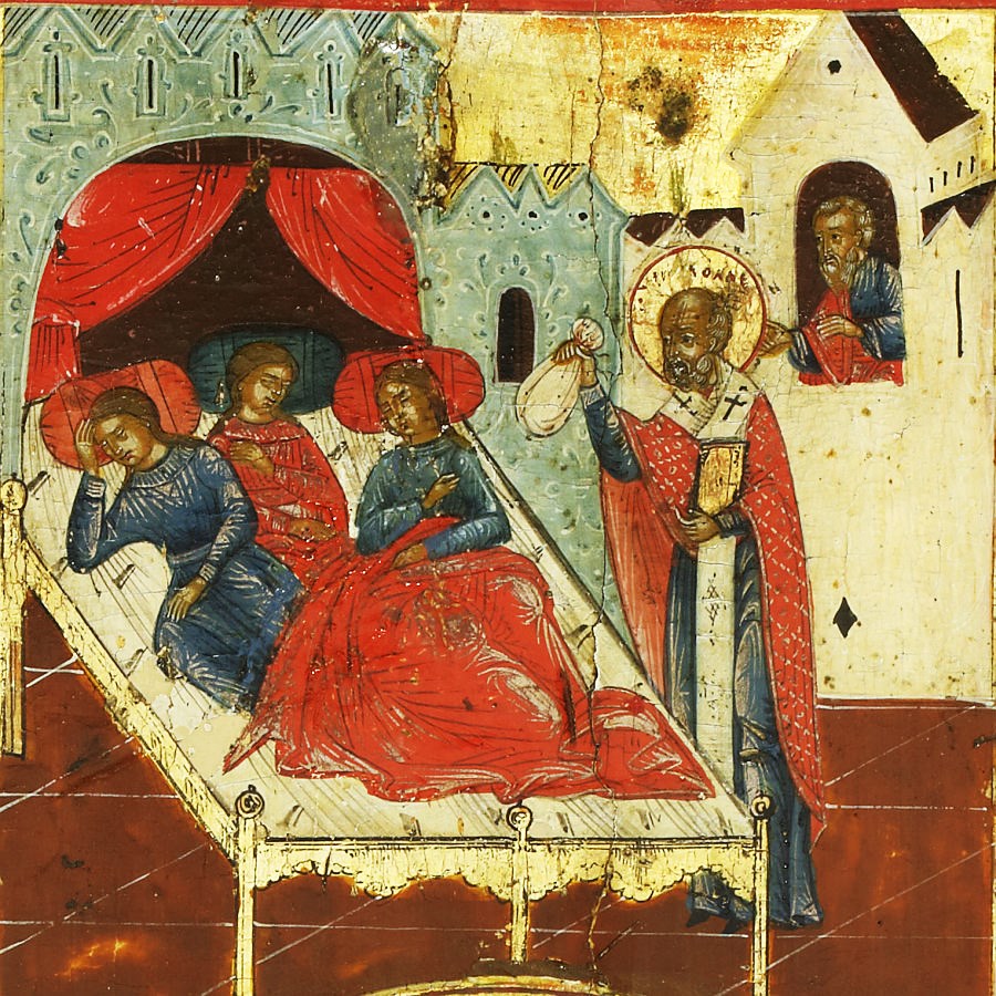 Saint Nicholas and Scenes from his Life Saint Nicholas provides a dowry for the three beautiful daughters of an impoverished nobleman..jpg Saint Nicholas and Scenes from his Life Saint Nicholas provides a dowry for the three beautiful daughters of an impoverished nobleman..jpg