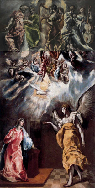 Эль Греко. Благовещение. 1608 - 1614. Реконструкция, состоящая из двух фрагментов, находящихся ныне в Афинах и Мадриде.