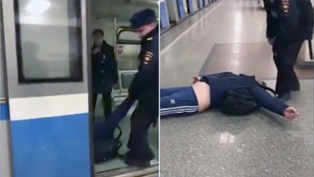 Видео: полицейские выволокли пьяного пассажира из вагона метро