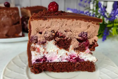 Фото к рецепту: Шоколадный торт с вишней и сметанным кремом