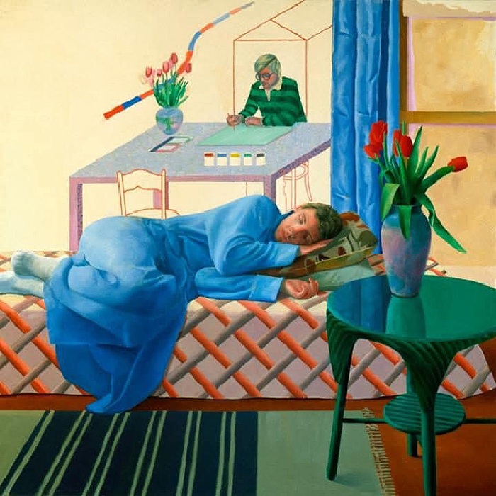 Модель с незавершенным автопортретом. (1977). Автор: David Hockney.