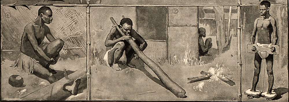 Различные виды деревянных колодок для захваченных рабов (Конго, 1880-е годы)