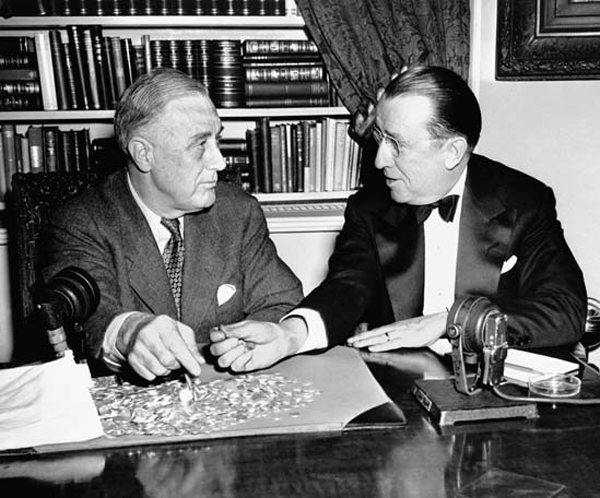 March of Dimes President Basil O'Connor meets with Roosevelt to discuss polio vaccination efforts in 1944.