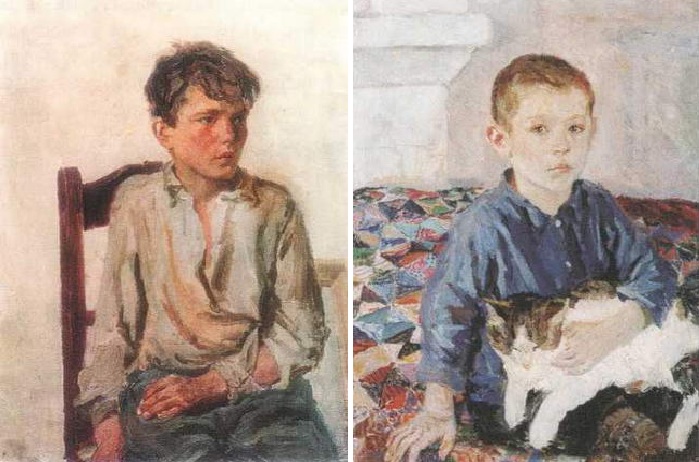 «Петя Тоньшин». (1947 год). / «Портрет Коли с кошкой». (1936 год). Автор: А.А.Пластов. «Петя Тоньшин». (1947 год). / «Портрет Коли с кошкой». (1936 год). Автор: А.А.Пластов.