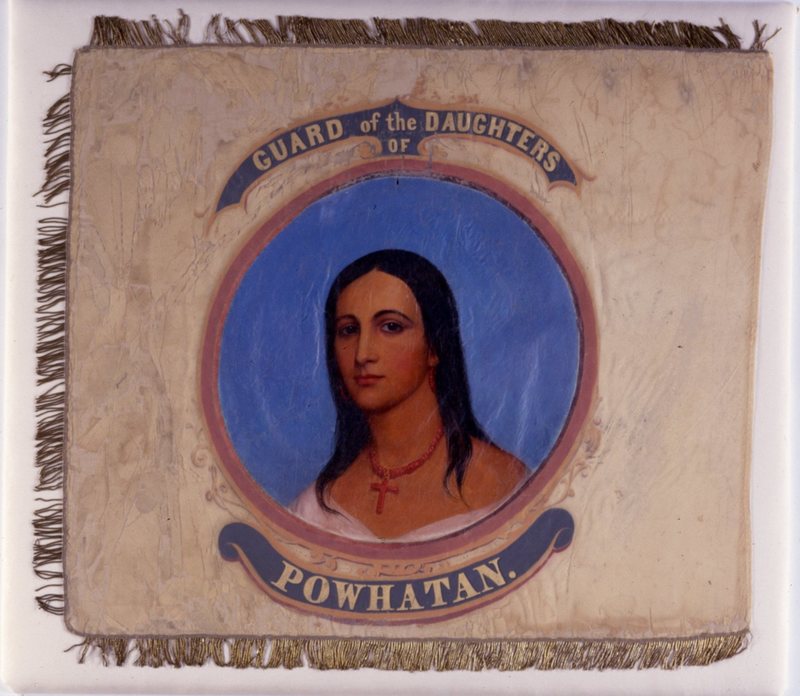 The flag of the 4th Virginia Cavalry, from Powhatan County, features a portrait of Pocahantas.