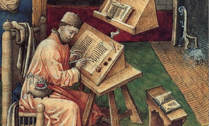 Монах переписывает книгу.