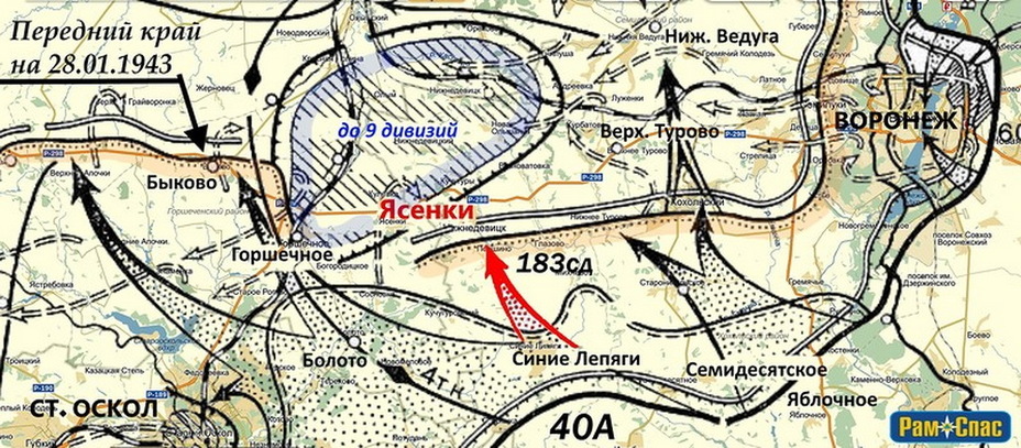 Более детальная схема окружения Воронежской группировки во время Воронежско-Касторненской наступательной операции. На ней отмечена станция Горшечное — точка замыкания кольца вокруг вражеских сил у Воронежа. Стрелками показаны направления прорыва немецко-венгерских войск через Горшечное на запад. img-fotki.yandex.ru - Война Зиновия Гердта | Warspot.ru