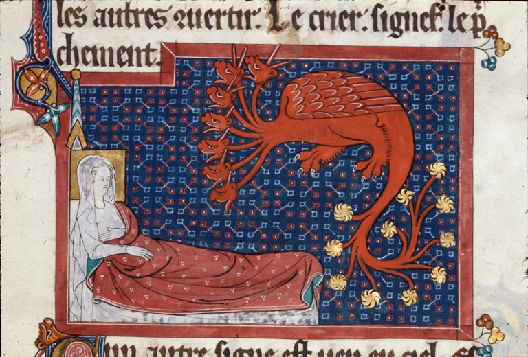 Detail-of-a-miniature-of-the-woman-in-labour-lying-in-a-bed-and-a-red-dragon-with-seven-heads-and-ten-horns-in-illustration-of-Revelation-12-2-4.--76… Detail-of-a-miniature-of-the-woman-in-labour-lying-in-a-bed-and-a-red-dragon-with-seven-heads-and-ten-horns-in-illustration-of-Revelation-12-2-4.--76…