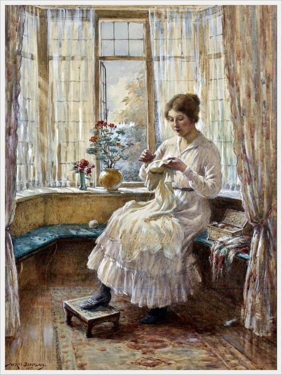William Kay Blacklock (British, 1872 - 1924) «Lady sewing seated by a window» 1917