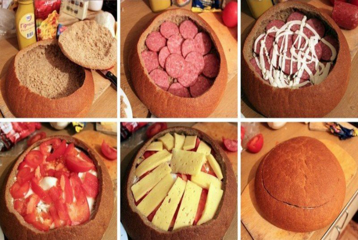 Простой и сытный пирог из колбасы, сыра и помидоров, запеченных в буханке ржаного хлеба. 19 идей, как порадовать близких вкусными блюдами из простейших продуктов