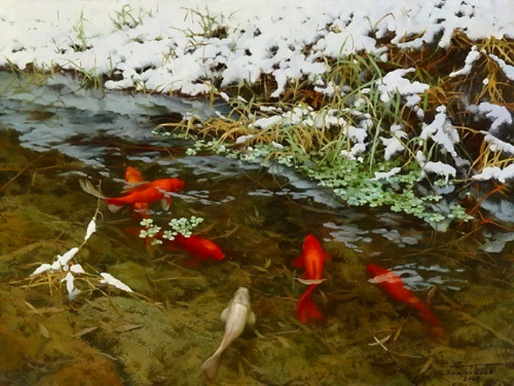 Акварели с красными рыбами художника Tian Haibo как символ гармонии и умиротворения