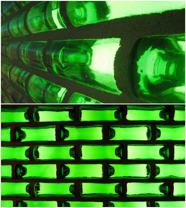 Стены из бутылок пропускают свет и хорошо сохраняют тепло (World Bottle). Стены из бутылок пропускают свет и хорошо сохраняют тепло (World Bottle).