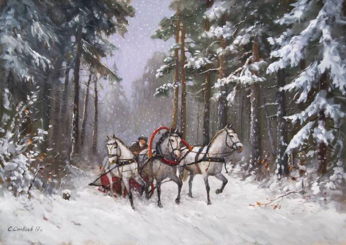Тройка лошадей. Автор: Сергей Соловьёв. Очарование зимы на картинах современных русских и зарубежных художников