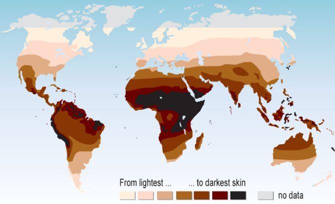 Интересные факты о коже человека, Цвет кожи коренного населения на карте Мира