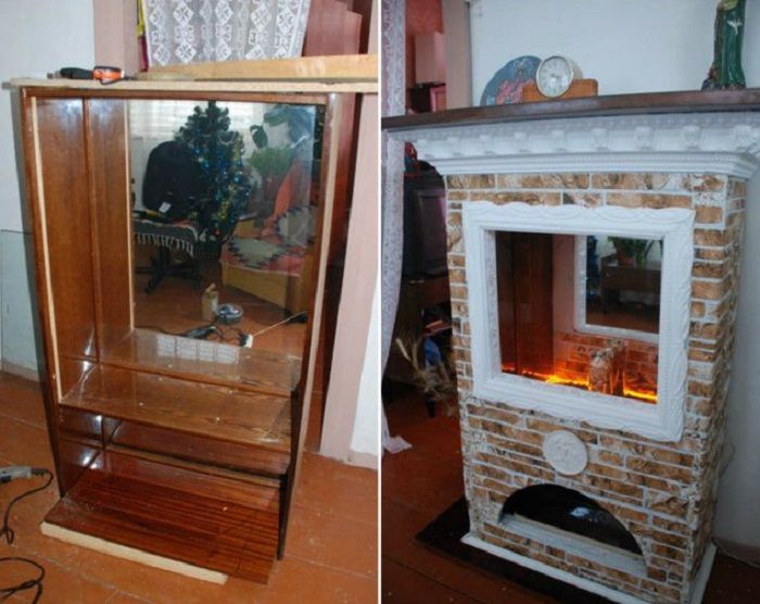 Старый сервант превратили в декоративный камин. | Фото: pinterest.com. Старый сервант превратили в декоративный камин. | Фото: pinterest.com.