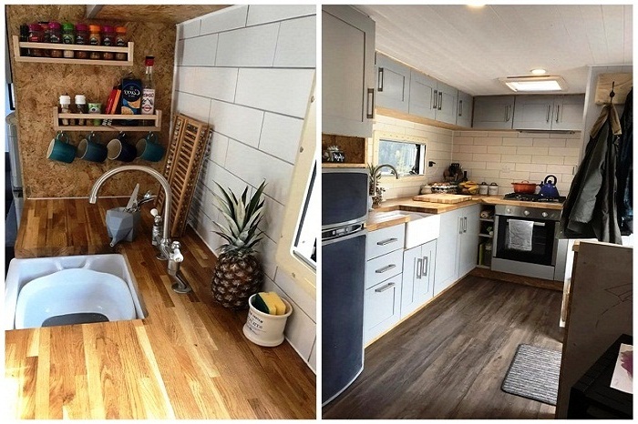 В кухне есть все необходимое для приготовления вкусной еды. | Фото: backpackers. Пара энтузиастов оборудовала старый грузовик в квартиру, чтобы не платить за аренду съемного жилья