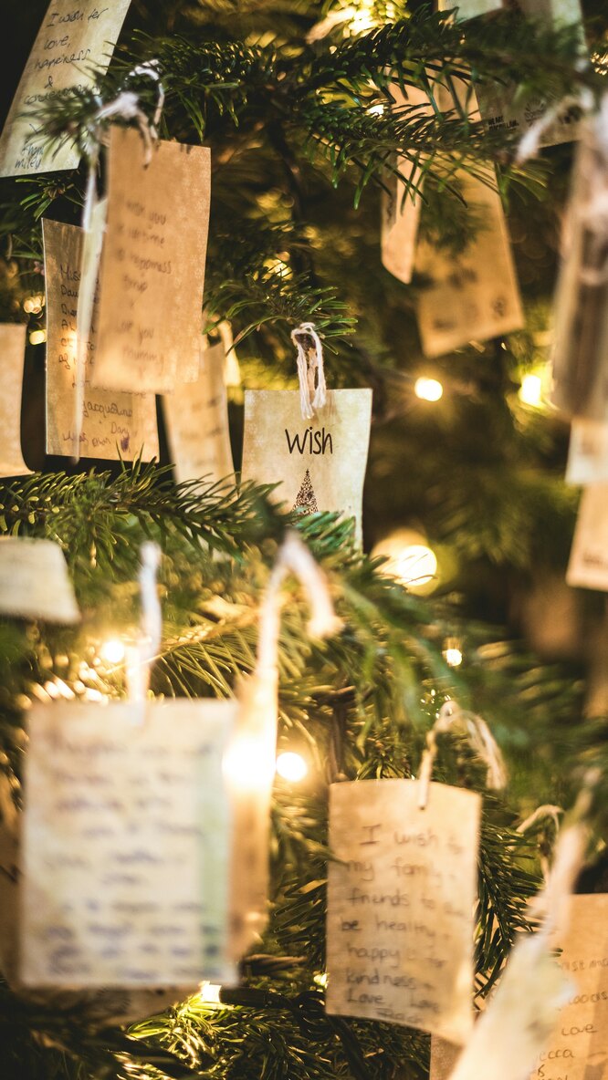 Необычное украшение на новогоднюю елку: пожелания на Новый год. написанные от руки на картонке