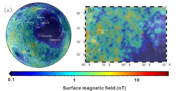 Рис. 4. Фрагмент карты напряженности магнитного поля Луны в районе места посадки «Чанъэ-5»