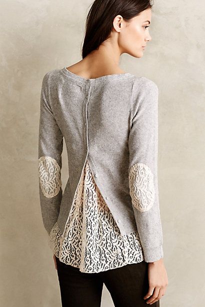 This would be easy to refashion. Cardigan backwards (might have to alter the neckline a smidge), add lace inserts. Bonus for reclaimed lace curtains/tablecloth.