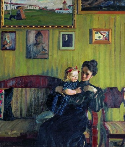 Жена Юлия с дочерью Ириной. (1908). Автор: Б.М.Кустодиев. Муки и радости Бориса Кустодиева – художника, который писал жизнеутверждающие полотна прикованный к кровати