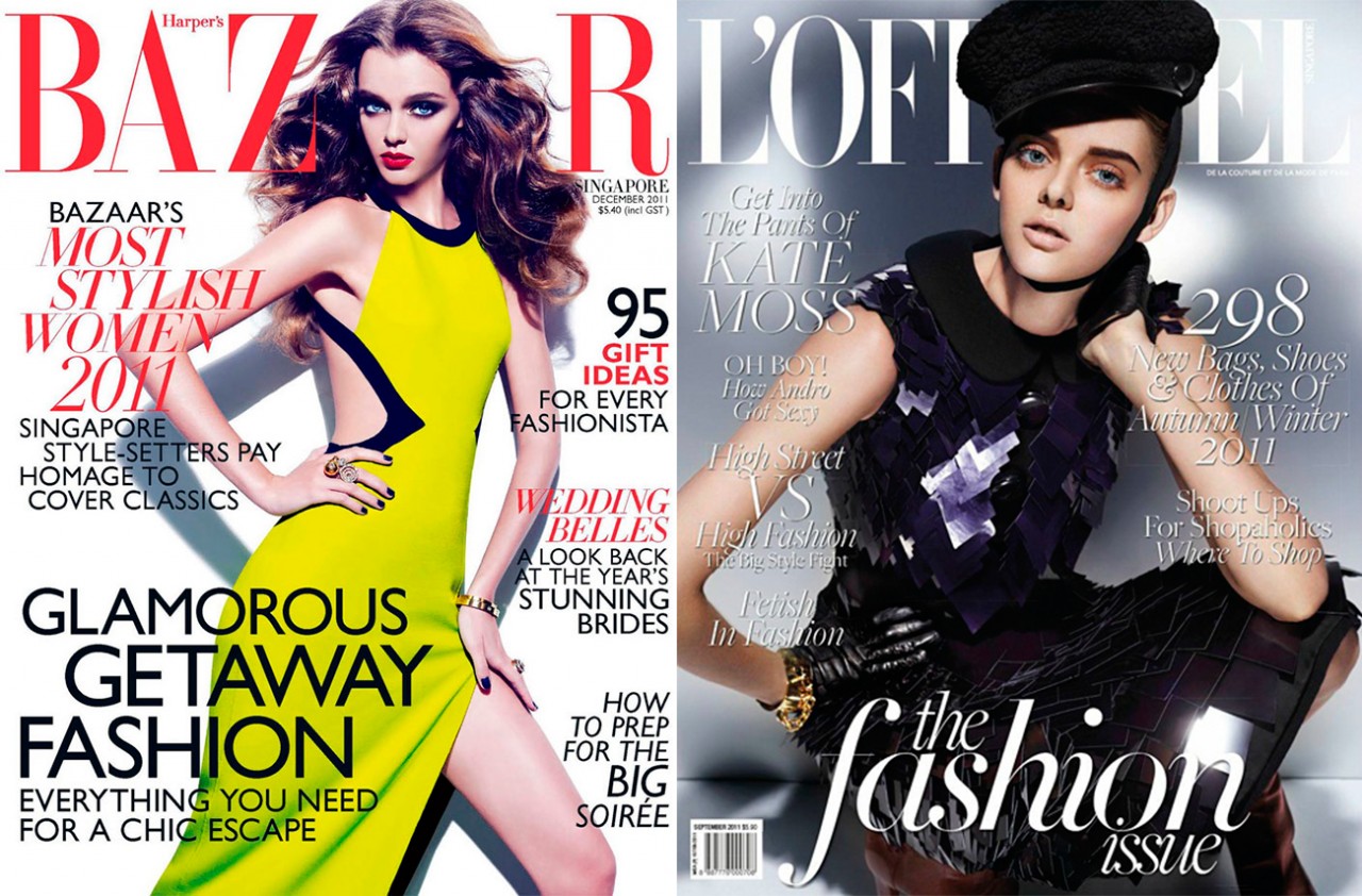 Обложка Harper's Bazaar Сингапур, декабрь 2011; обложка L'officiel Сингапур, сентябрь 2011