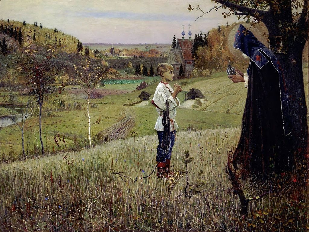 Михаил Нестеров «Видение отроку Варфоломею» 1889–1890Хранится в Государственной Третьяковской галерее в Москве. Михаил Нестеров «Видение отроку Варфоломею» 1889–1890Хранится в Государственной Третьяковской галерее в Москве.