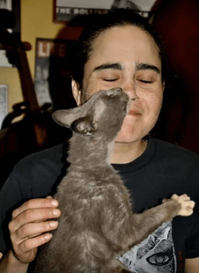 Женщину целует кошка Кошка целует хозяйку