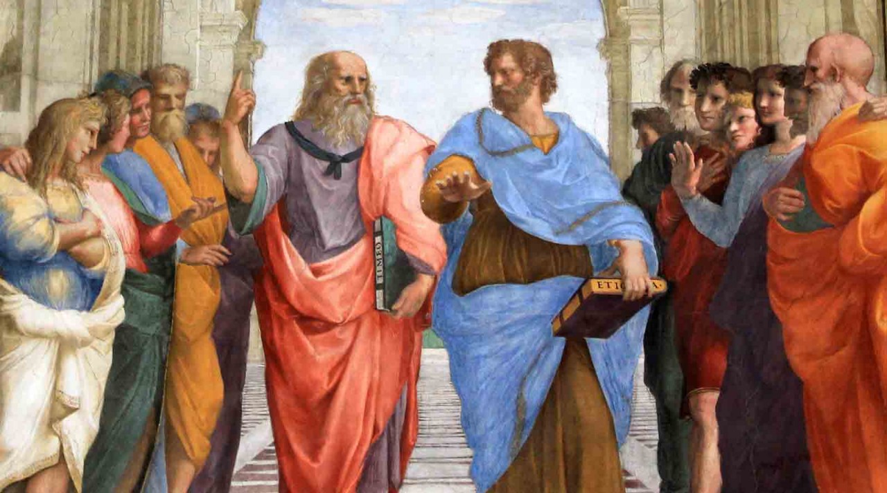 Plato and Aristotle walking at the Athens School