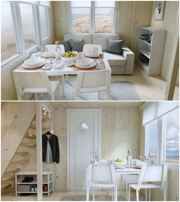 Гостиная эко-домика от Brette Haus укомплектованная предметами мебели от Ikea.