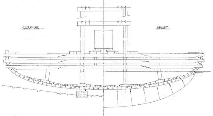 Рис. 12. Основной шпангоут (автор). Слева — на грунте во время погрузки, справа — на плаву