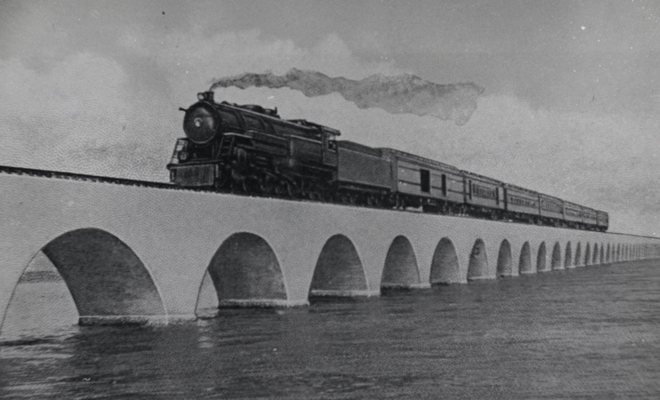 Florida East Coast Railway, Key West Extension. Train on the Long Key Viaduct. Photo from the Monroe County Library Collection.