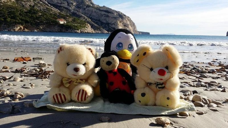 Stuffed animals relaxing on a beach in Marseille, France.