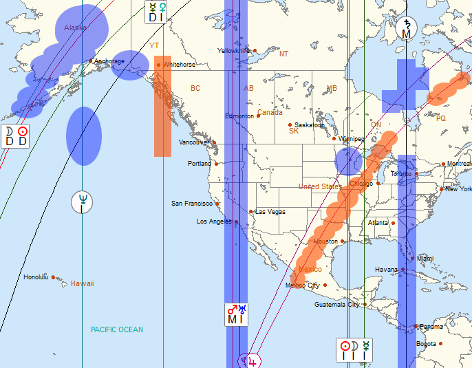 Астрокартография затмения апрель 2014 США, Аляска, Центральная Америка, Панама