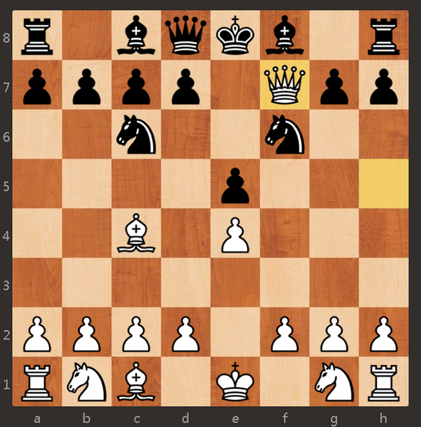 Детский мат 1. e4 e5 2. Фh5 Кc6 3. Сc4 Кf6 4. Фxf7#
