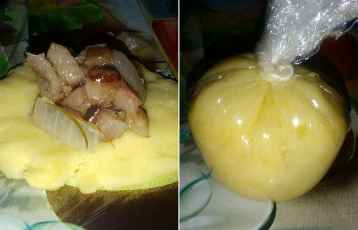 Шары-сюрпризы из картофеля и селедки. Шары-сюрпризы из картофеля и селедки.