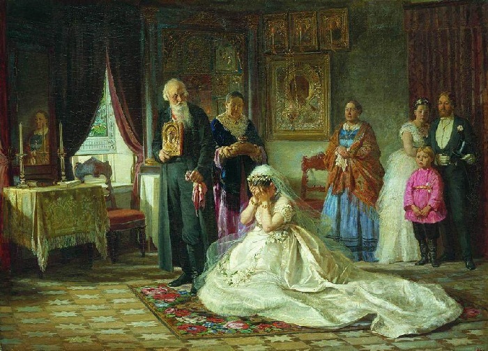 «Перед венцом». (1874). Государственная Третьяковская галерея. Автор: Фирс Журавлев. «Перед венцом». (1874). Государственная Третьяковская галерея. Автор: Фирс Журавлев.